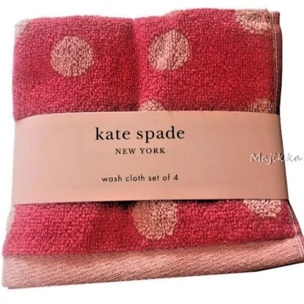 Kate Spade Pink Polka Dot Washcloths Facecloths Set of 4 Cotton Bathroom Dorm